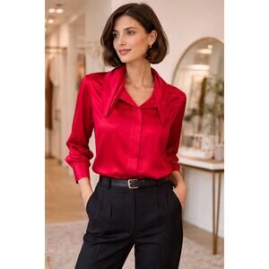 VINTAGE RED SILK BLOUSE WOMENS 12 SUSAN BRISTOL DRAPED COLLAR